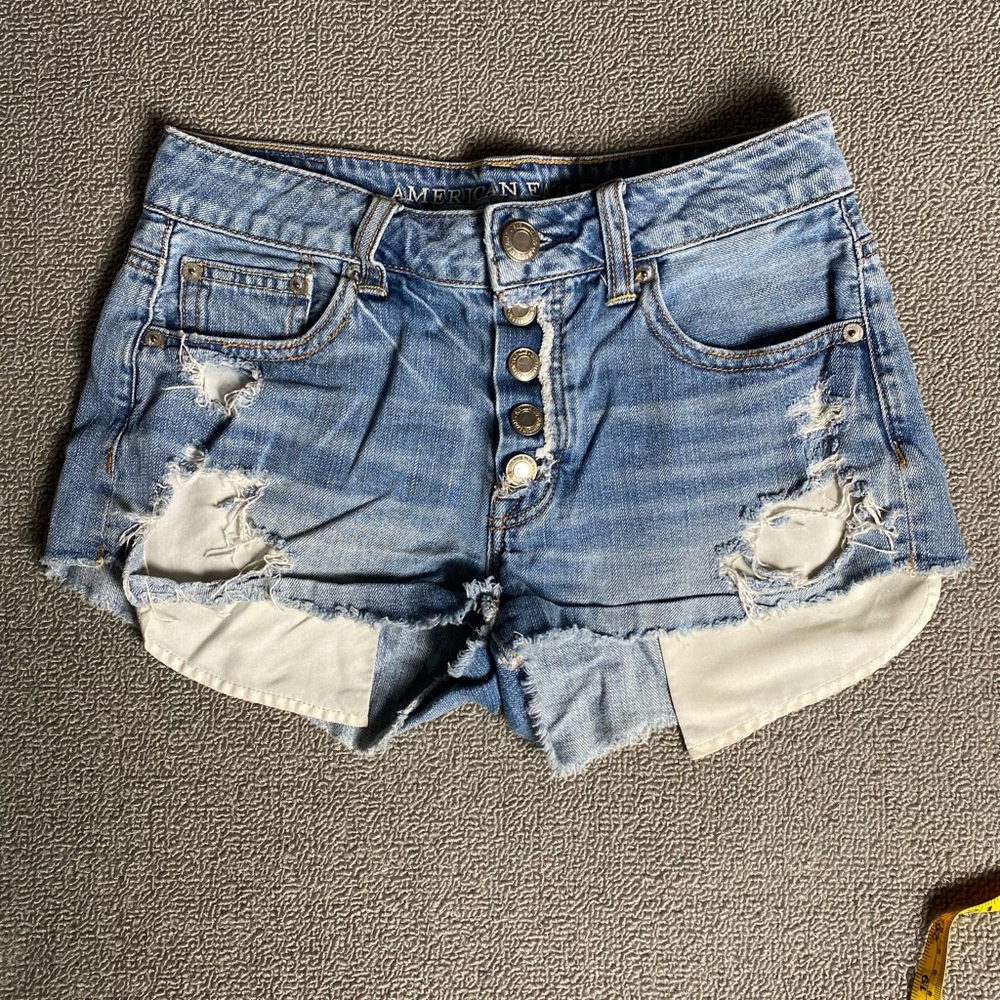 American Eagle Outfitters High Rise Distressed Festival Light Wash Denim Shorts